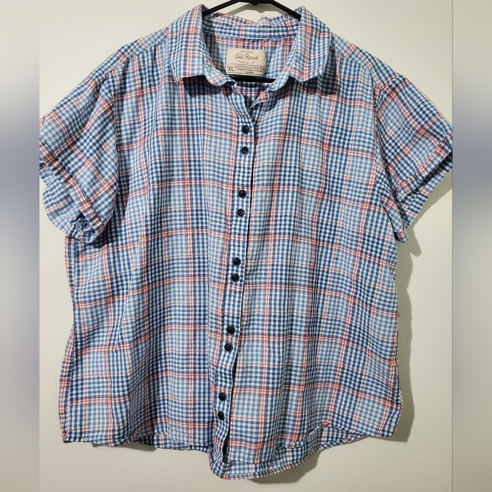 Old Ranch Women’s XL Plaid Short Sleeve Button Down Cotton Camp Shirt Blue Red